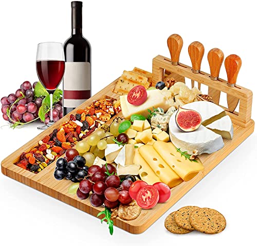 Bamboo Cheese Board Set with Cutlery Wooden Charcuterie Tray Platter Including 4 Stainless Steel Knife and Serving Utensils, Gift Idea for Birthdays, Wedding Registry, Housewarming