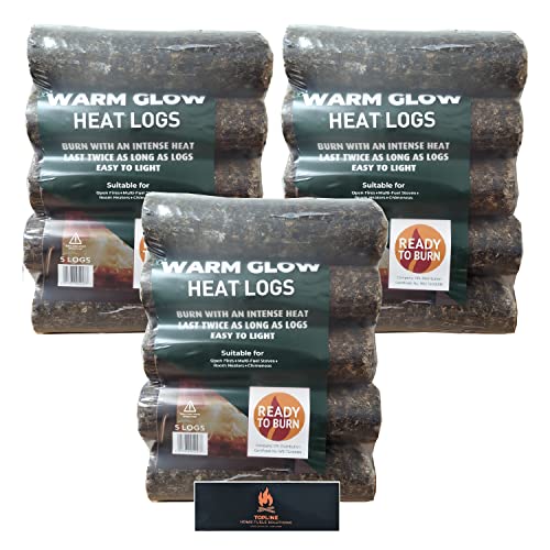 Eco Warm Glow Heat Logs - Pack of 15 Ultra-Dry Compressed Firewood Logs Fuel with Topline Matches. Perfect for Wood Burners, Open Fires, Room Heaters, Chimeneas and Multi-Fuel Stoves.